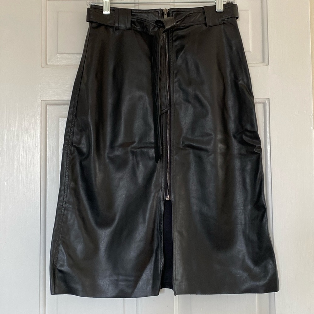 Faux Leather Made in USA zipper front belted midi skirt size S